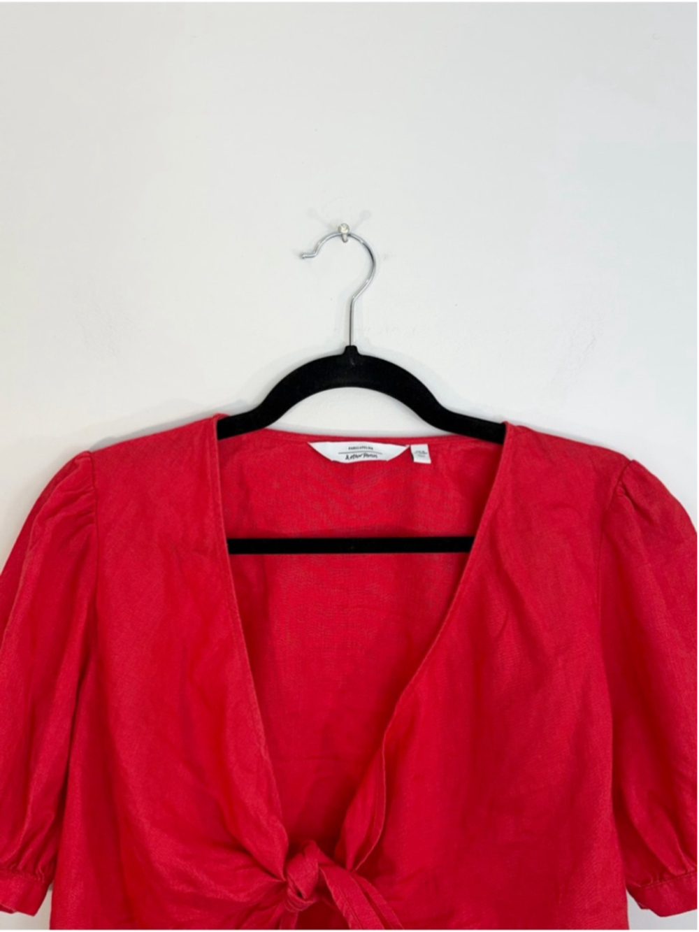 & Other Stories pure linen red cropped tie front knot puff sleeve top EU 38 - Picture 8 of 17